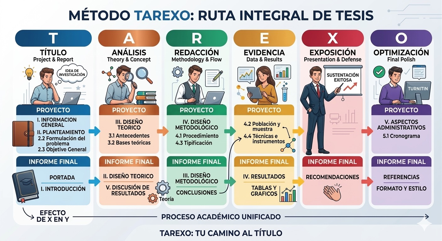 Infografía Integral del Método TAREXO mostrando la ruta del Proyecto al Informe Final